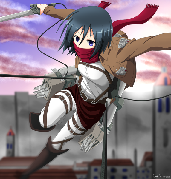 Anime picture 1024x1075 with shingeki no kyojin production i.g mikasa ackerman okami49 single tall image short hair black hair purple eyes sky cloud (clouds) sunlight girl weapon sword jacket scarf thigh boots wire (wires) red scarf