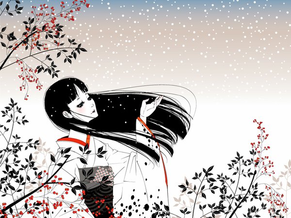 Anime picture 1110x833 with original mihoshi (artist) single long hair blush blue eyes black hair japanese clothes snowing girl food belt kimono berry (berries)