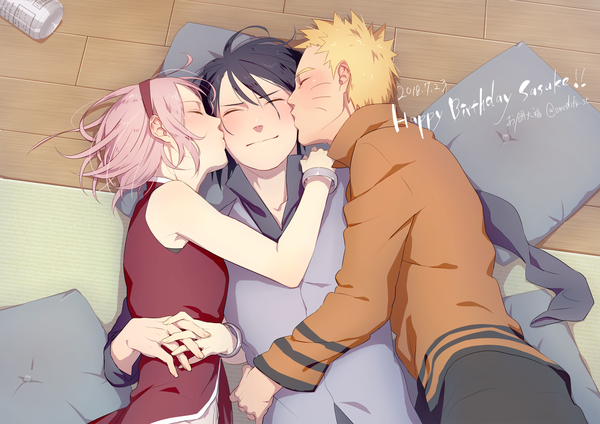 Anime picture 2122x1500 with naruto studio pierrot naruto (series) uzumaki naruto uchiha sasuke haruno sakura omochi daifuku blush highres short hair black hair blonde hair signed pink hair eyes closed profile multiple boys hug twitter username facial mark