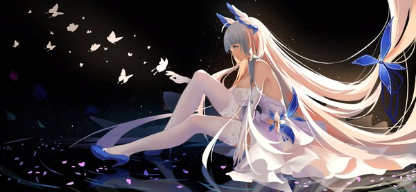 Anime picture 6653x3073 with azur lane illustrious (azur lane) illustrious (illustrious ballroom) (azur lane) wjn-rance single fringe highres breasts blue eyes light erotic wide image large breasts sitting looking away absurdres bent knee (knees) blunt bangs very long hair profile mole