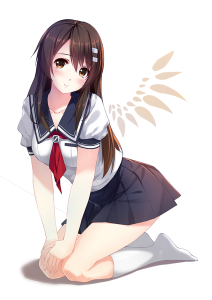 Anime picture 1100x1556 with photokano niimi haruka caidychen single long hair tall image blush black hair white background brown eyes girl skirt miniskirt wings socks serafuku white socks