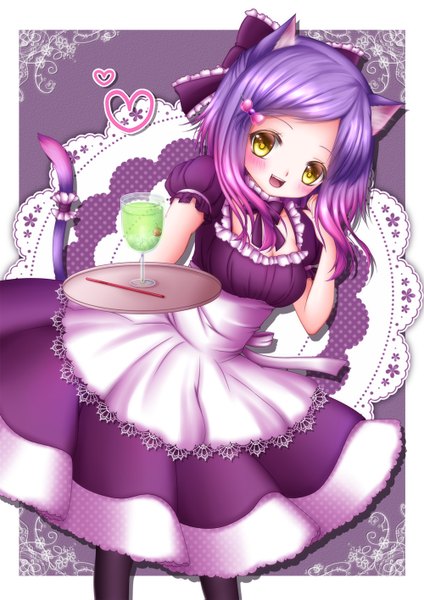 Anime picture 1000x1415 with original shitou single long hair tall image blush open mouth animal ears yellow eyes purple hair cat ears cat girl cat tail girl dress bow hair bow tray