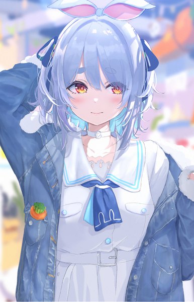 Anime picture 1354x2107 with virtual youtuber hololive usada pekora usada pekora (casual) icehotmilktea single tall image blush fringe short hair hair between eyes animal ears yellow eyes blue hair looking away upper body open jacket two side up bunny ears official alternate costume