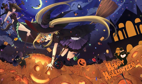 Anime picture 3700x2200 with original aki (mare desiderii) long hair highres short hair blue eyes blonde hair red eyes wide image twintails multiple girls animal ears absurdres striped halloween witch happy halloween girl gloves 2 girls