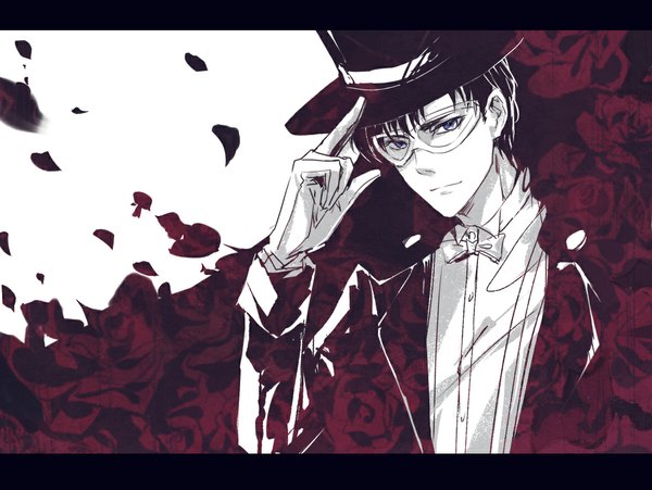 Anime picture 1181x889 with bishoujo senshi sailor moon toei animation tuxedo kamen tagme (artist) single looking at viewer short hair blue eyes black hair simple background smile white background purple eyes light smile monochrome pale skin framed boy gloves flower (flowers)