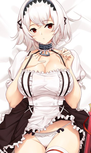Anime picture 597x1000 with azur lane sirius (azur lane) tony guisado single tall image looking at viewer blush fringe short hair breasts light erotic red eyes large breasts payot cleavage white hair lying parted lips from above maid