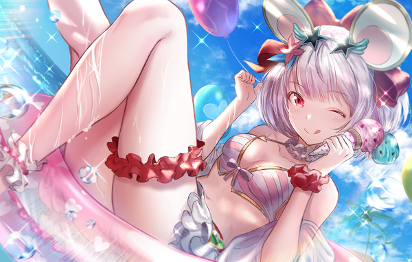 Anime picture 2000x1273 with granblue fantasy vikala (granblue fantasy) boba single highres short hair light erotic smile red eyes animal ears sky silver hair cloud (clouds) one eye closed wink sparkle fake animal ears sunglasses on head afloat girl