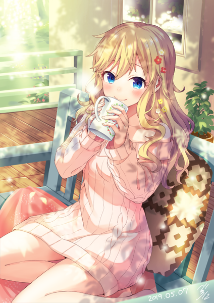 Anime picture 600x849 with idolmaster idolmaster cinderella girls idolmaster cinderella girls starlight stage ootsuki yui bekkourico single long hair tall image looking at viewer blush fringe breasts blue eyes blonde hair smile hair between eyes sitting bare shoulders holding signed