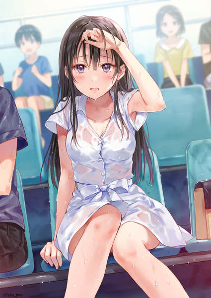 Anime picture 708x1000 with original fukahire (ruinon) long hair tall image looking at viewer blush fringe open mouth light erotic hair between eyes brown hair sitting purple eyes multiple girls signed arm up short sleeves sweat twitter username solo focus