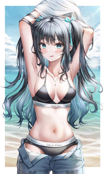 Anime picture 1400x2329 with original calvin klein wol (wol 927) single long hair tall image looking at viewer blush fringe breasts light erotic black hair smile large breasts sky cloud (clouds) outdoors multicolored hair aqua eyes sunlight