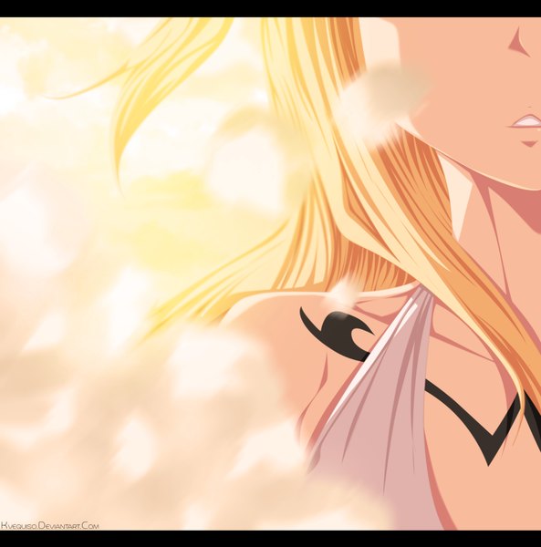 Anime picture 1660x1680 with fairy tail lucy heartfilia kvequiso single long hair tall image blonde hair sunlight tattoo coloring close-up smoke girl