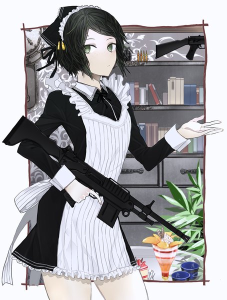 Anime picture 750x990 with dangan ronpa ikusaba mukuro nito (shida) single tall image looking at viewer short hair green eyes maid alternate costume outstretched hand expressionless freckles bob cut trigger discipline girl dress uniform weapon food