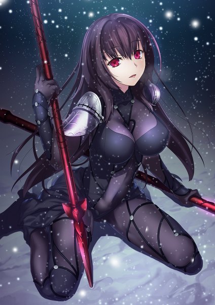 Anime picture 848x1200 with fate (series) fate/grand order type-moon scathach (fate) (all) scathach (fate) yoshida takuma single long hair tall image looking at viewer breasts open mouth light erotic red eyes purple hair snowing winter snow exhalation girl