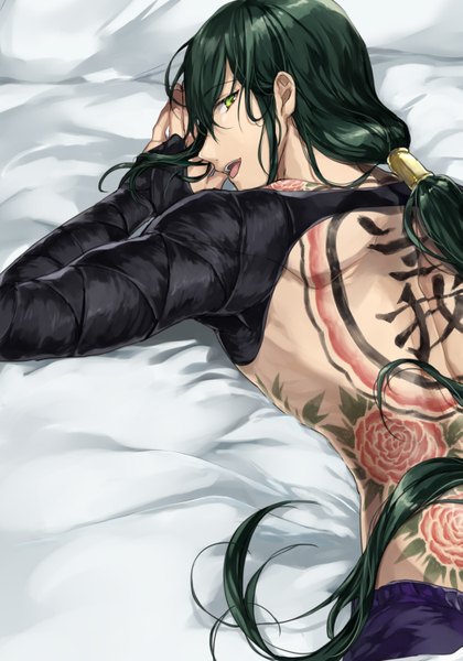 Anime picture 1051x1500 with fate (series) fate/grand order yan qing (fate) soso (sosoming) single long hair tall image looking at viewer fringe open mouth hair between eyes green eyes lying looking back green hair tattoo hieroglyph on stomach boy rose (roses)