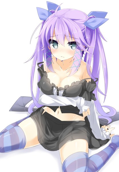 Anime-Bild 1000x1438 mit original kazu kakao long hair tall image breasts blue eyes light erotic simple background white background twintails purple hair girl thighhighs dress bow hair bow striped thighhighs