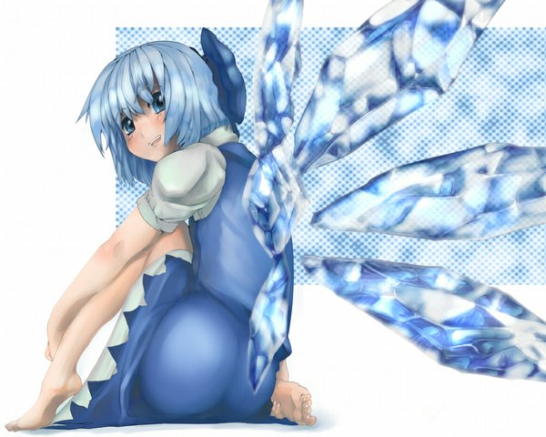Anime picture 1000x800 with touhou cirno arugeri single blush short hair open mouth blue eyes blue hair looking back girl dress bow hair bow wings ice