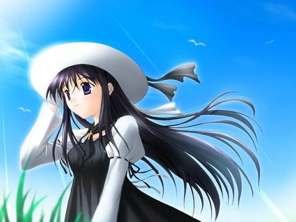Anime picture 1024x768 with suika (game) long hair black hair purple eyes game cg girl hat
