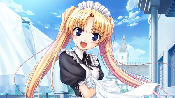 Anime picture 1280x720 with aiyoku no eustia licia de novus yurii long hair blush open mouth blue eyes blonde hair wide image twintails game cg maid girl
