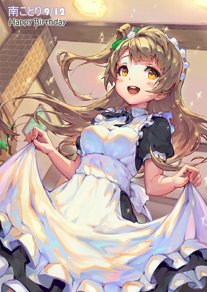 Anime picture 709x1000 with love live! school idol project sunrise (studio) love live! minami kotori haoni single long hair tall image blush fringe open mouth smile brown hair yellow eyes from below maid one side up happy birthday girl headdress
