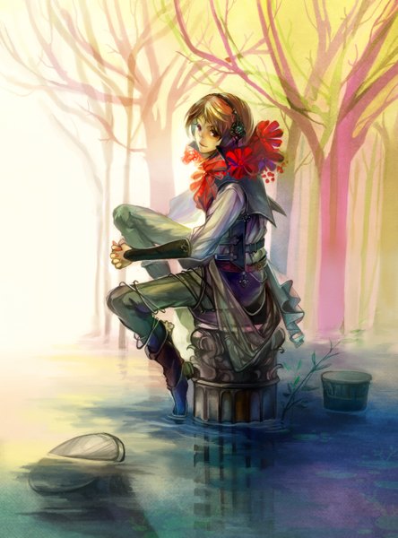 Anime picture 2048x2764 with original fumoe single tall image looking at viewer highres short hair smile brown hair sitting nail polish fingernails light smile boy flower (flowers) plant (plants) tree (trees) water boots pillar