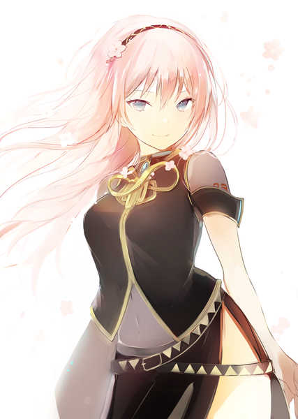 Anime picture 700x984 with vocaloid megurine luka lpip single long hair tall image looking at viewer fringe blue eyes hair between eyes standing payot pink hair head tilt hair flower light smile from below short sleeves tattoo floating hair