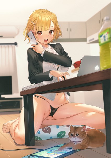 Anime picture 1131x1600 with original nintendo mhk (mechamania) single tall image looking at viewer fringe short hair open mouth light erotic blonde hair sitting holding brown eyes full body bent knee (knees) indoors blunt bangs :d barefoot