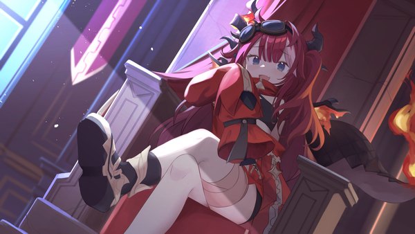 Anime picture 4096x2304 with virtual youtuber phase connect saya sairroxs klaius single long hair looking at viewer fringe highres open mouth blue eyes smile wide image sitting absurdres bent knee (knees) red hair indoors tail blunt bangs