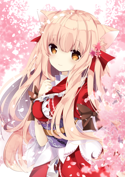 Anime picture 600x849 with original nanase kureha nanase nao single long hair tall image looking at viewer blush fringe breasts light erotic blonde hair simple background hair between eyes brown eyes animal ears traditional clothes japanese clothes hair flower light smile