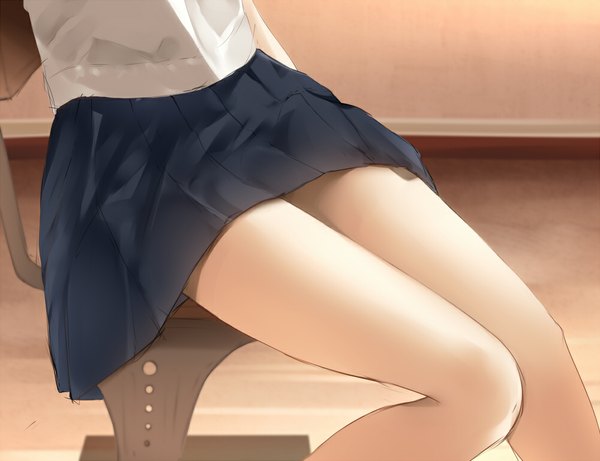 Anime picture 1000x769 with original karube karu single sitting bent knee (knees) indoors pleated skirt legs girl skirt uniform school uniform chair