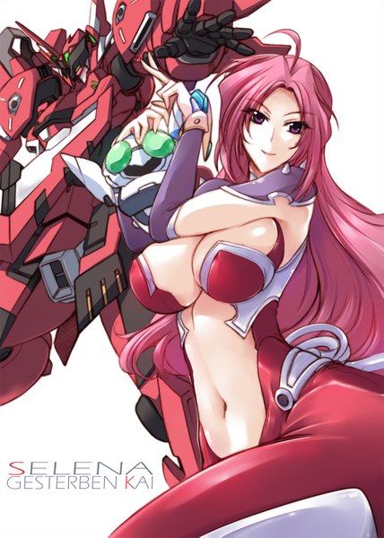 Anime picture 1245x1747 with super robot wars selena recital haganef single long hair tall image looking at viewer breasts light erotic simple background large breasts white background pink hair pink eyes light smile girl navel robot