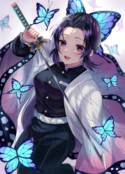 Anime picture 2706x3748 with kimetsu no yaiba ufotable kochou shinobu parum39 single tall image looking at viewer blush fringe highres short hair breasts open mouth black hair simple background smile standing purple eyes holding payot