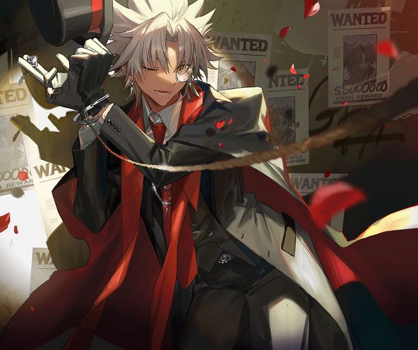 Anime picture 963x807 with fate (series) fate/apocrypha amakusa shirou (fate) amakusa shirou (phantom thief) (fate) itefu single looking at viewer short hair open mouth yellow eyes silver hair one eye closed wink ;d hat removed headwear removed wanted boy gloves petals