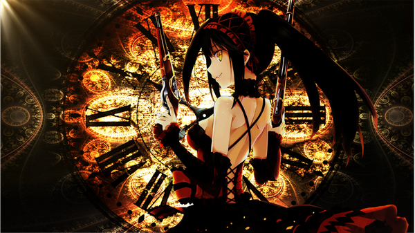 Anime picture 1191x670 with date a live tokisaki kurumi hao (patinnko) single long hair black hair smile wide image twintails bare shoulders yellow eyes profile looking back wallpaper back girl dress weapon detached sleeves frills