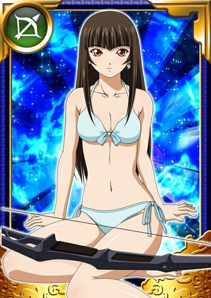 Anime picture 567x800 with ikkitousen teni single long hair tall image looking at viewer breasts light erotic brown hair brown eyes flat chest card (medium) girl navel weapon swimsuit bikini bow (weapon)