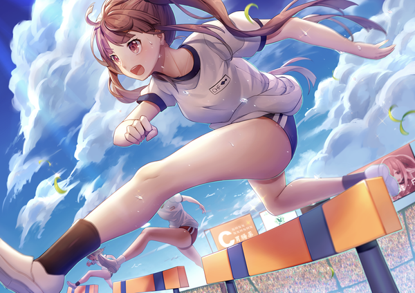 Anime picture 1414x1000 with original chariot.f long hair blush open mouth light erotic brown hair multiple girls brown eyes payot looking away sky cloud (clouds) full body ahoge bent knee (knees) outdoors ponytail wind sunlight