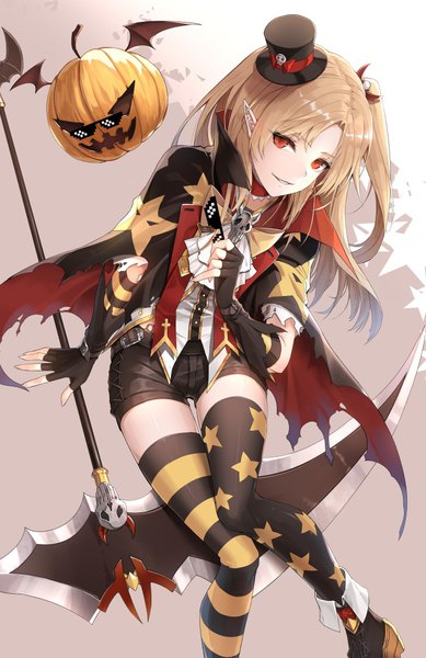Anime picture 700x1080 with azur lane cleveland (azur lane) cleveland (devil fever) (azur lane) limeblock single long hair tall image looking at viewer fringe brown hair holding parted lips pointy ears orange eyes zettai ryouiki one side up torn clothes halloween bat wings star print