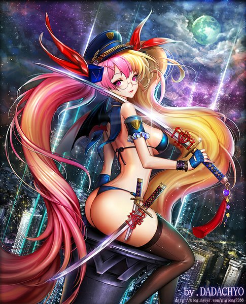 Anime picture 700x865 with original dadachyo single tall image breasts light erotic blonde hair sitting twintails pink hair very long hair pink eyes city cityscape girl thighhighs gloves weapon black thighhighs swimsuit