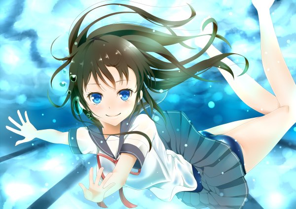 Anime picture 1200x848 with original hakuda tofu single long hair blue eyes black hair smile underwater girl skirt miniskirt serafuku bubble (bubbles)