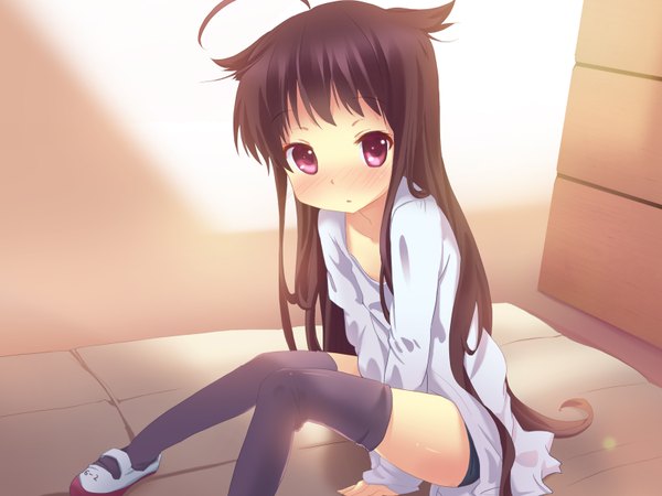 Anime picture 3200x2400 with original anyannko long hair blush highres black hair red eyes animal ears absurdres ahoge loli girl thighhighs black thighhighs