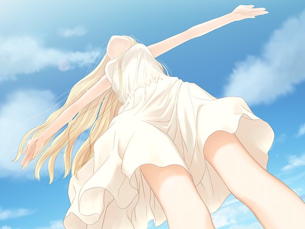 Anime picture 1024x768 with france shoujo shoujo tony taka long hair blonde hair game cg sky cloud (clouds) loli girl sundress