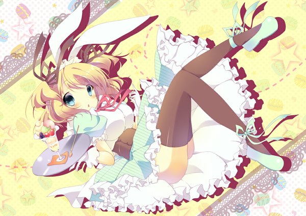 Anime picture 1062x752 with original umino mizu single blush short hair blue eyes light erotic blonde hair bunny ears legs girl thighhighs dress gloves ribbon (ribbons) black thighhighs food frills sweets ice cream