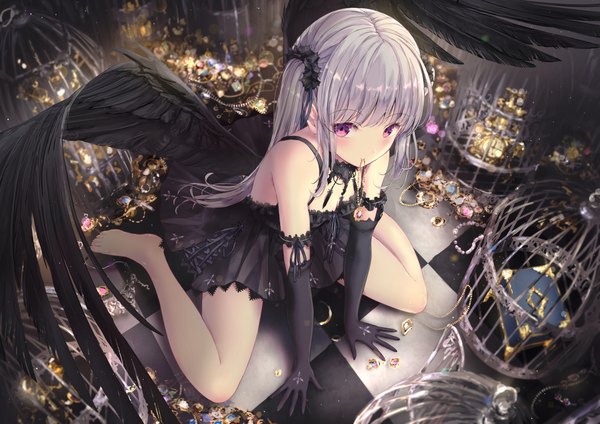 Anime picture 1842x1302 with original missle228 single long hair looking at viewer blush fringe highres light erotic sitting purple eyes twintails bare shoulders holding payot silver hair full body blunt bangs barefoot from above