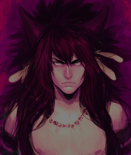 Anime picture 1758x2086 with amsbt single long hair tall image highres simple background brown hair horn (horns) grey eyes topless boy feather (feathers) necklace