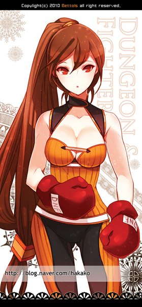 Anime picture 482x1034 with dungeon and fighter bettols single long hair tall image looking at viewer breasts red eyes brown hair bare shoulders cleavage ponytail girl boxing gloves