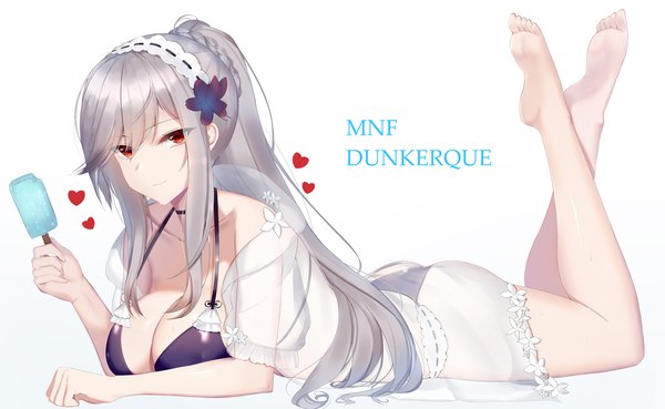 Anime picture 2000x1229 with azur lane dunkerque (azur lane) dunkerque (summer sucre) (azur lane) eternity (shadeh) single long hair looking at viewer fringe highres breasts light erotic simple background hair between eyes red eyes wide image large breasts white background holding full body ponytail