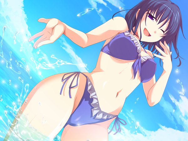 Anime picture 1200x900 with light erotic purple eyes blue hair game cg girl swimsuit bikini water splashes