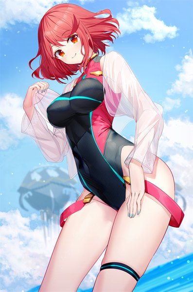 Anime picture 900x1359 with xenoblade xenoblade 2 pyra (xenoblade) pyra (pro swimmer) (xenoblade) ririko (zhuoyandesailaer) single tall image looking at viewer blush short hair breasts light erotic smile red eyes standing sky cloud (clouds) outdoors red hair nail polish
