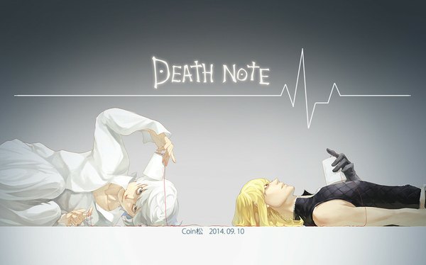 Anime picture 1126x703 with death note madhouse mello (mihael keehl) near coinsong long hair looking at viewer short hair blonde hair wide image holding looking away white hair lying profile multiple boys copyright name naked shirt boy gloves