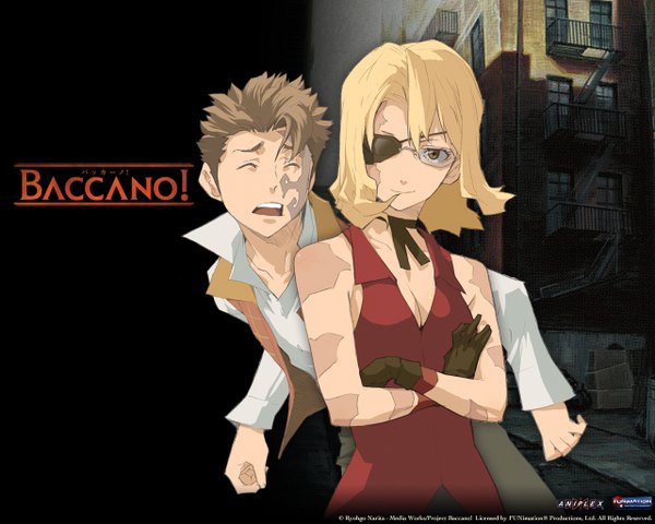 Anime picture 1280x1024 with baccano! jacuzzi splot nice holystone short hair open mouth blonde hair smile brown hair bare shoulders yellow eyes eyes closed city scar scared gloves shirt choker glasses eyepatch vest