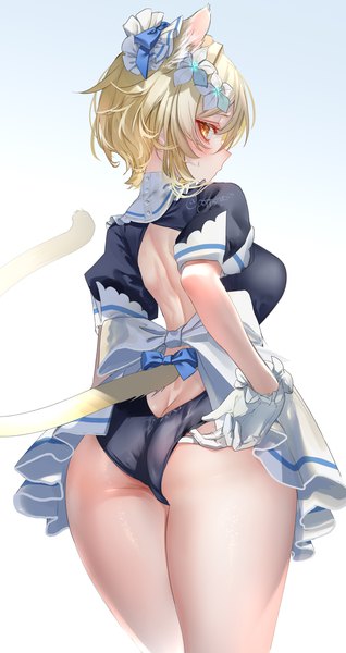 Anime picture 1800x3400 with genshin impact lumine (genshin impact) pottsness single tall image looking at viewer blush fringe highres short hair breasts light erotic simple background blonde hair hair between eyes large breasts standing animal ears yellow eyes ass